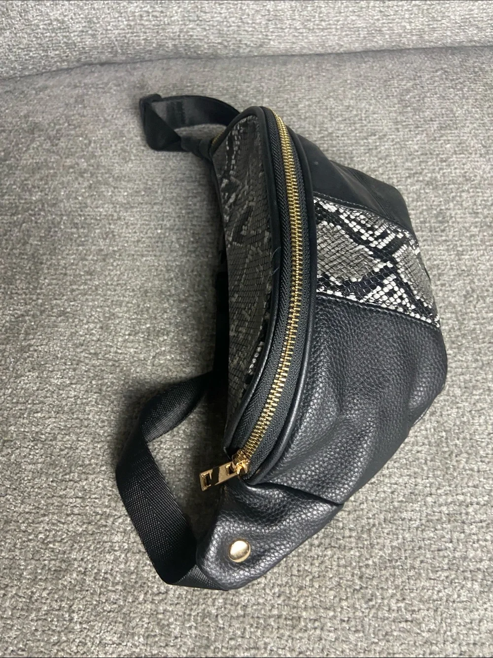 Black Faux Leather Crossbody Waist Bag with Snake-Print Panel
